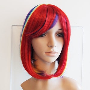 Rainbow Bob wig with bangs for women or teen. Colorful party costume short wig. Multi-colored straight wig. Ready to ship.