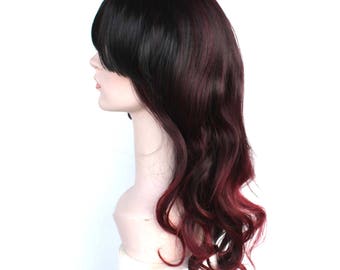 Black and dark red mix long curly wig. Multi-colored long hair for women. High quality synthetic wig. Free shipping in US. ready to ship.