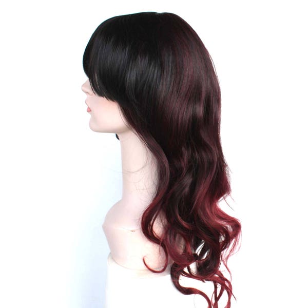 Black and dark red mix long curly wig. Multi-colored long hair for women. High quality synthetic wig. Free shipping in US. ready to ship.