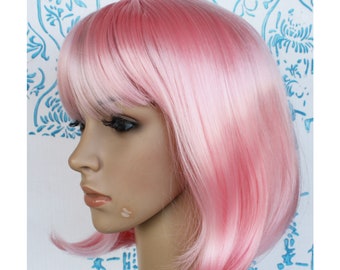 Heat Resistant Pink Short Pageboy Straight Bob Wig Light Pink Short Bob Wig Straight W/ Bangs. Page Boy Wig  main image 4