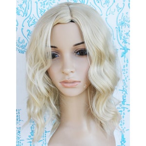 Blonde Curly Shoulder Length Wig: Heat Resistant Synthetic Fiber