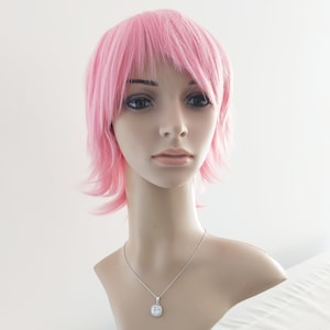Pink short straight wig for women or teen. Holiday party costume pink wig. Daily wear synthetic hair. ready to ship. Free US shipping.