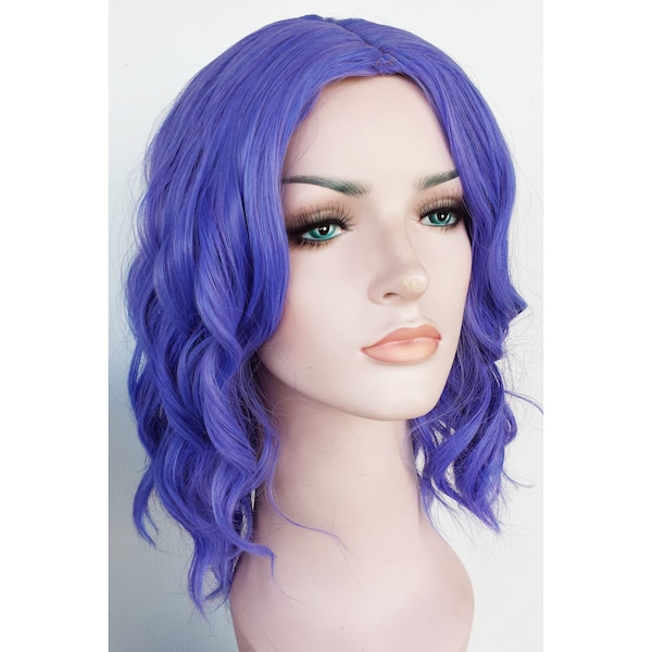 Dusty blue purple wavy wig for women. Dusty blue shoulder length hair. Holiday party dusty blue hair. Ready to ship. Free shipping in USA.