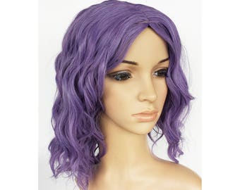 May include: A purple wig with loose, wavy curls. The wig is styled in a shoulder-length bob.
