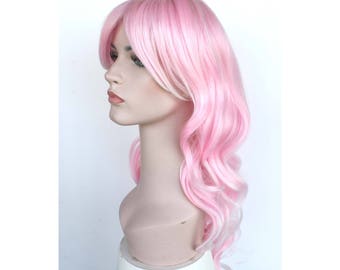 Long curly pink wig with white highlights. Party hair for women. High quality synthetic wig. Holiday party costume wig. ready to ship.