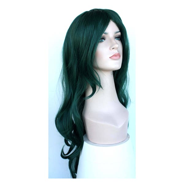 Long curly dark green wig for women. Synthetic high quality daily wear wig. Holiday party costume wig. Free shipping in US. Ready to ship.