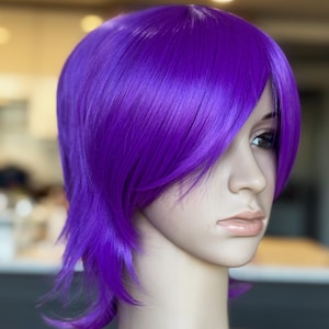 Purple short straight wig for women. Holiday party purple costume hair. High quality synthetic hair. Free shipping in USA. Ready to ship.