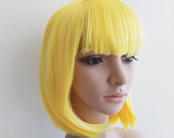 Golden Yellow Bob Wig with Bangs. Heat-Resistant Synthetic Yellow Short Hair for women.