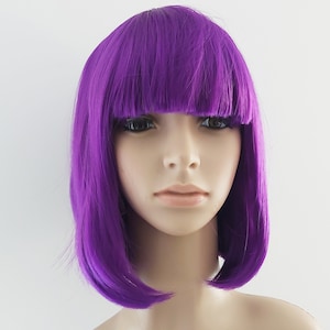 Purple bob wig with bangs for women. Purple short straight wig. Daily wear wig. High quality synthetic hair. Free shipping US. Ready to ship