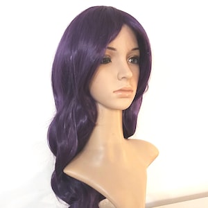 Dark Purple Long Wavy Wig with Bangs: Heat-Resistant Synthetic Hair