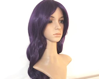 May include: A long, wavy purple wig with a side part. The wig is styled in loose waves and has a natural-looking finish.