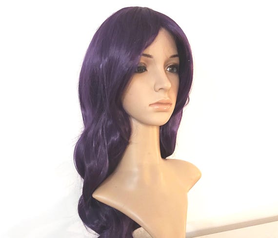 Dark Purple Long Wavy Wig with Bangs: Heat-Resistant Synthetic Hair.