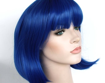 Peluca bob azul con flequillo: cabello sintético resistente al calor.