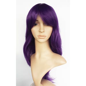 Purple long wig. Long wavy dark purple wig with side bangs. Holiday party wig for women. Daily wear wig. Free shipping in US. Made to order.
