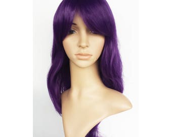 Purple long wig. Long wavy dark purple wig with side bangs. Holiday party wig for women. Daily wear wig. Free shipping in US. Made to order.