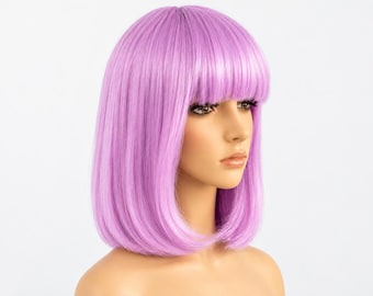 May include: A shoulder-length lavender wig with straight hair and blunt-cut bangs. The wig features a smooth, uniform texture and a vibrant light purple color, styled to frame the face with straight ends that curve slightly inward.