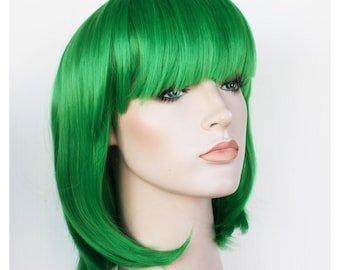 Grass Green bob wig with bangs. Grass Green short synthetic hair. Holiday party costume green wig for women. ready to ship. Free shipping US