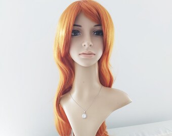 Burnt Orange Wavy Wig with Bangs: Heat Resistant Synthetic Hair for women.