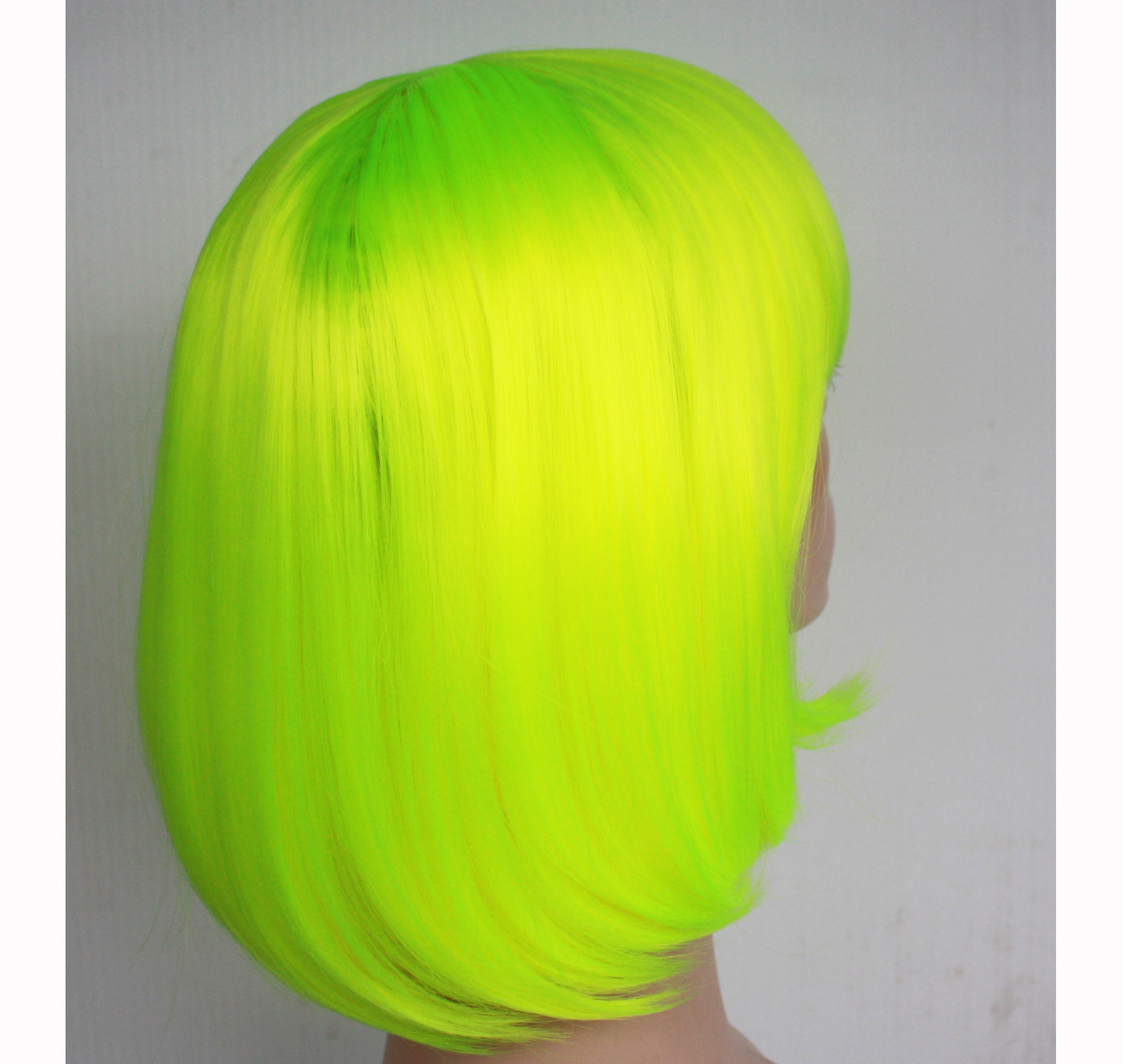 Neon Green Bob Wig With Bangs: Heat-resistant Synthetic Hair 