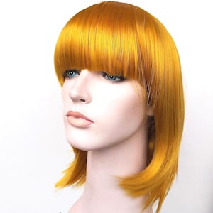 Light Golden Blonde bob wig with bangs for women. Light Beige Blonde short wig. Mustard color high quality synthetic hair. Free US shipping.