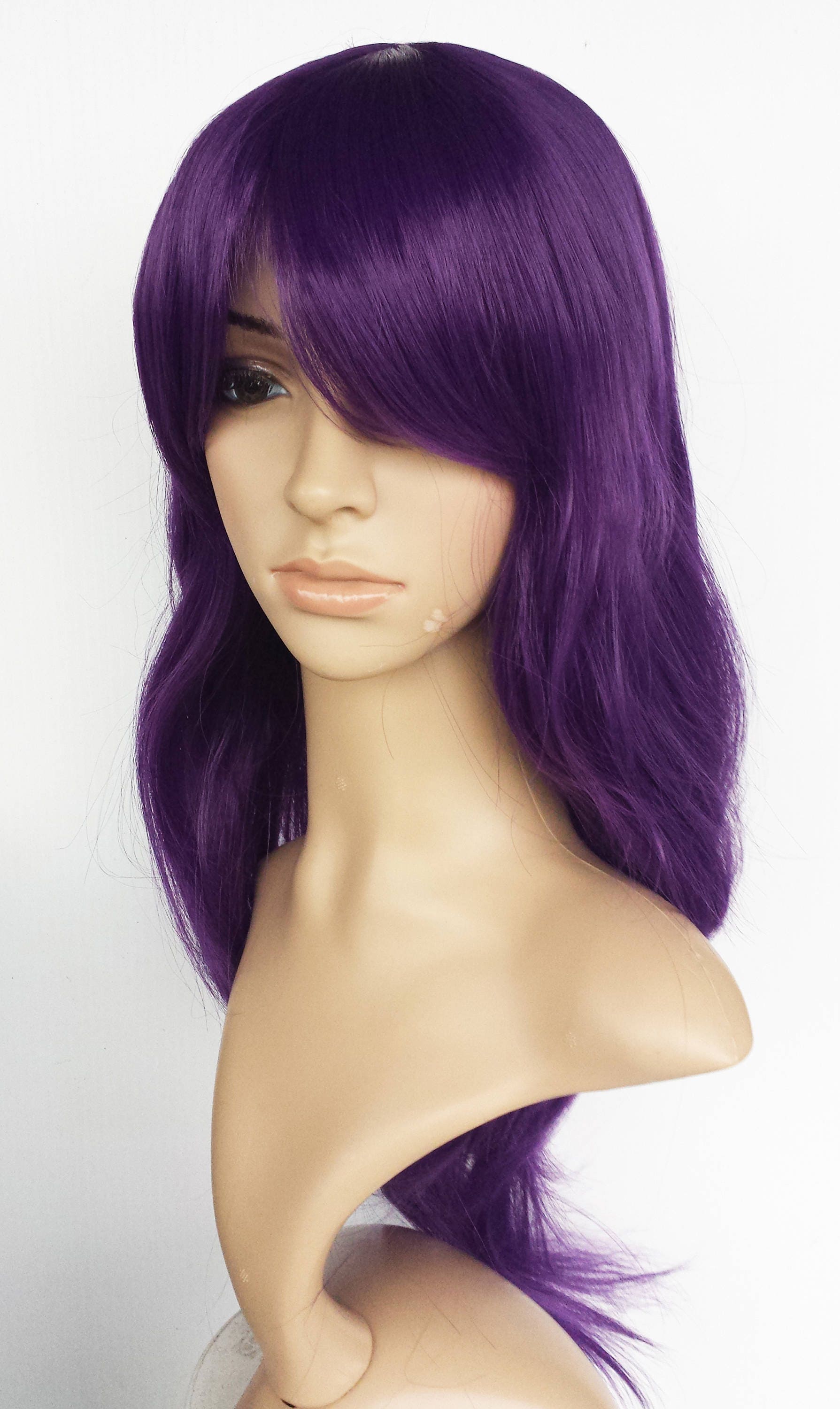Purple long wig. Long wavy dark purple wig with side bangs. Etsy