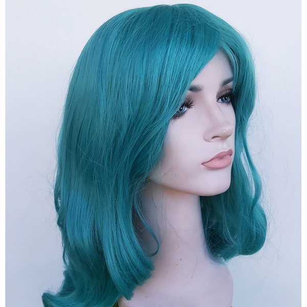 Teal green long curly wig for women. Holiday party teal green long wig. High quality synthetic hair. Ready to ship. Free shipping in USA.