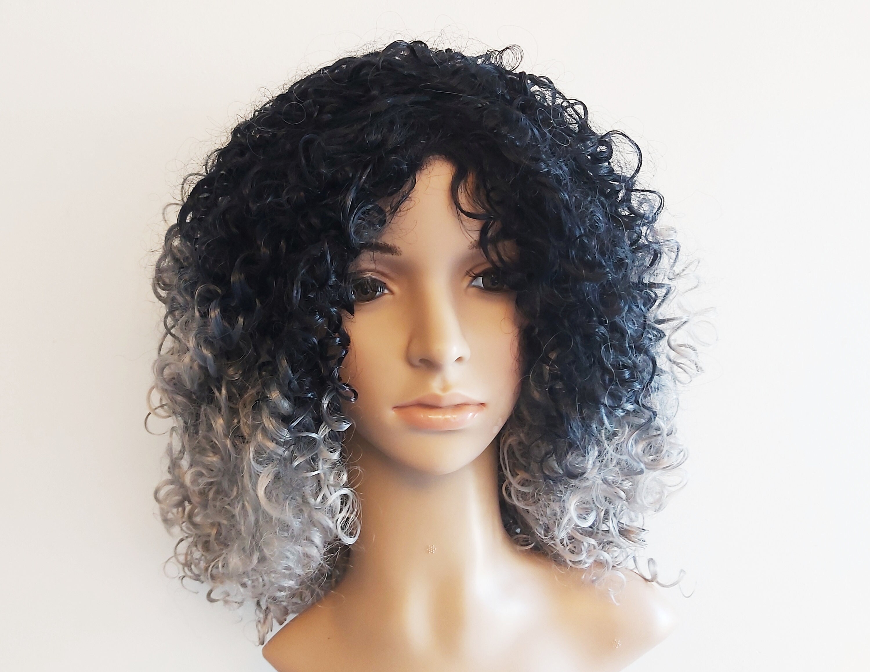 Black Gray Afro Curly Beauty Full Wig FLACE Grey Afro Kinky Curly Human Hair Wig with Bangs  main image 2