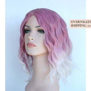 Dusty orchid white Ombre shoulder length wavy wig for women. Pastel Orchid synthetic wig. Party costume wig. ready to ship.