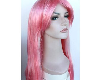 Pink long straight wig with white highlights. Valentine's day super long pink hair for women. ready to ship. Free shipping in USA.