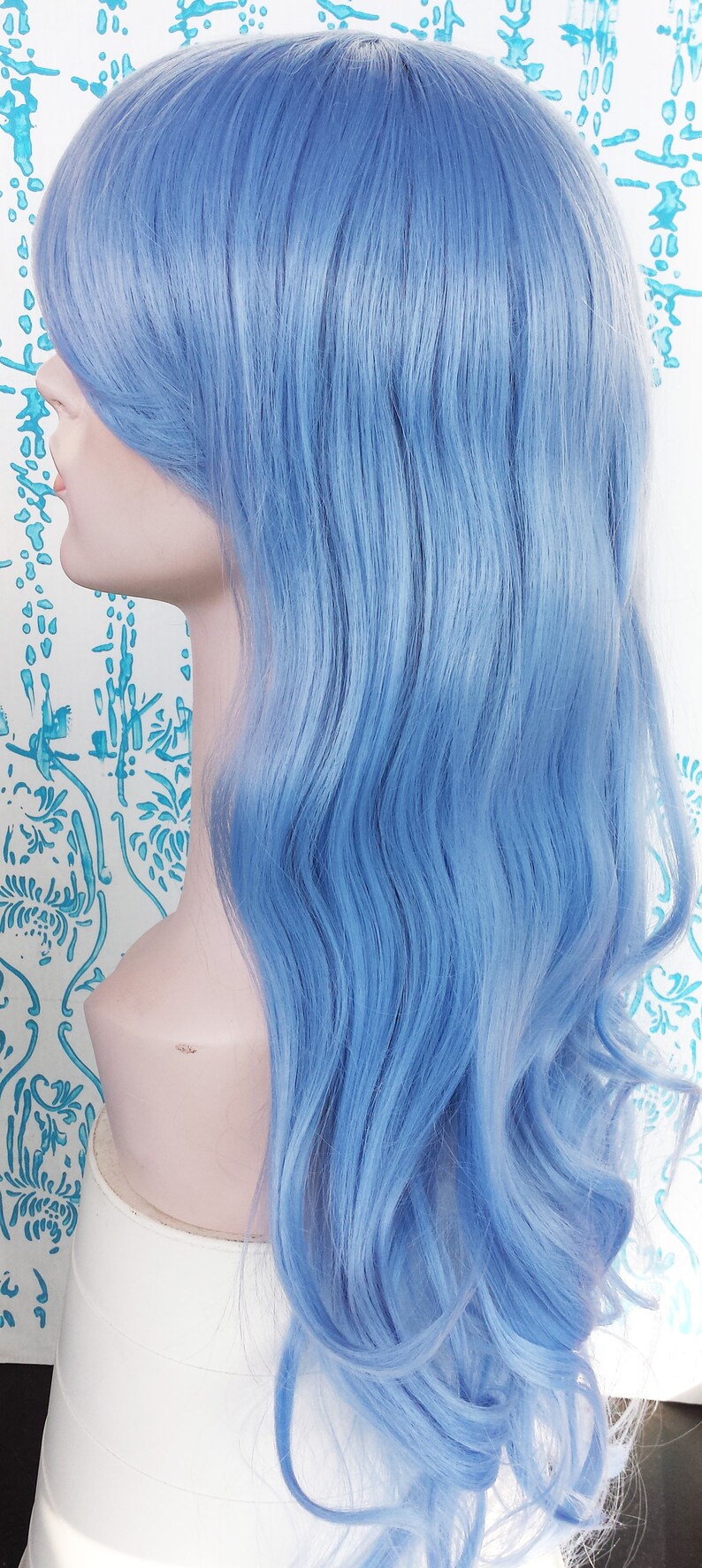 Long wavy curly light blue wig with side bangs. high quality Etsy