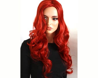 Premium natural looking high quality synthetic red long curly cosplay wig for women. Costume red hair. Ready to ship. Free US shipping.