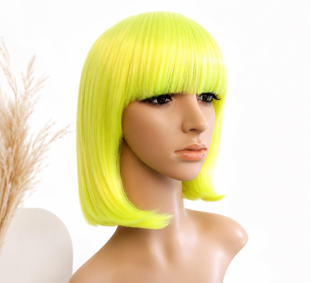 Women Green Heat Resistant Synthetic Bob Party Neon Wig Bangs 12 Inch Neon Green Bob Wig With Bangs: Heat-resistant Synthetic Hair  main image 4