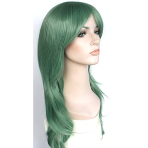 Jade Green long wavy wig for women. Light green high quality synthetic hair. Holiday party costume wig. Ready to ship. Free US shipping.
