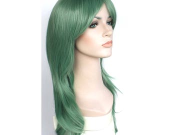 May include: A long, wavy, green wig with a side part and bangs.