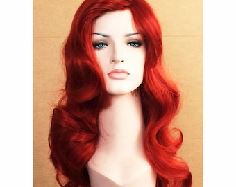 Red long curly cosplay wig for women. Holiday party costume long red wig. High quality synthetic hair. Ready to ship. Free US shipping.