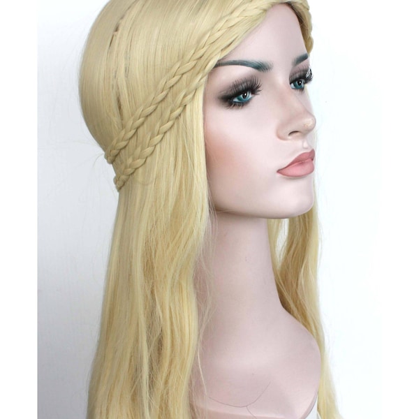 Blonde long straight wig with braids. Halloween cosplay wig for women. Holiday party costume long hair. Ready to ship. Free shipping in US.