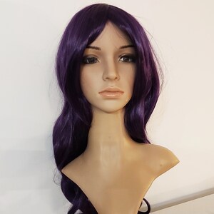 May include: A long, wavy purple wig with a side part. The wig is styled in loose waves and falls to the shoulders.