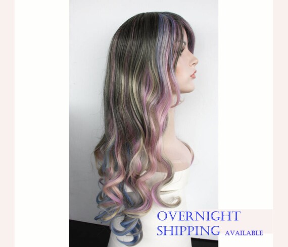 Brown Blonde Pink Blue Pastel Colors Ombre Long Curly Wig Etsy