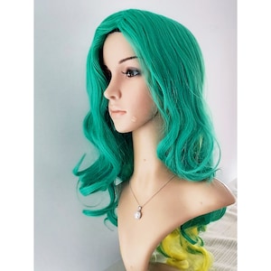 Green and yellow long curly wig for women. High quality synthetic hair. Holiday multi-colored costume wig. Ready to ship. Free US shipping.