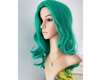 May include: A green wig with a wavy style and a silver heart pendant necklace.