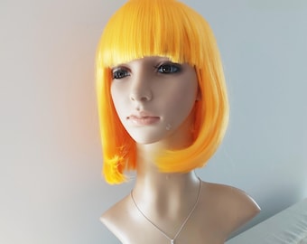 Yellow Orange Bob Wig with Bangs: Synthetic Mardi Gras Wig