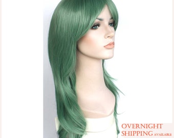 Long wavy jade green wig. Smooth high quality synthetic long hair. Holiday party green wig for women. Ready to ship. Free shipping in USA.