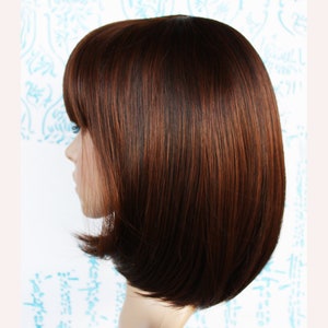 Brown bob wig with bangs for women. Dark brown premium natural looking party high quality synthetic hair. Ready to ship.