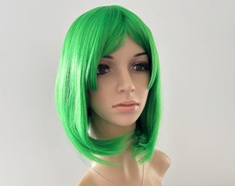Parrucca Bob verde erba con frangia: capelli sintetici corti, parrucca per feste in maschera