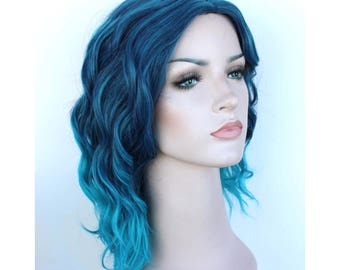 Turquoise dark blue teal Ombre shoulder length wavy wig for women. High quality synthetic medium length hair. Ready to ship. Free shipping.
