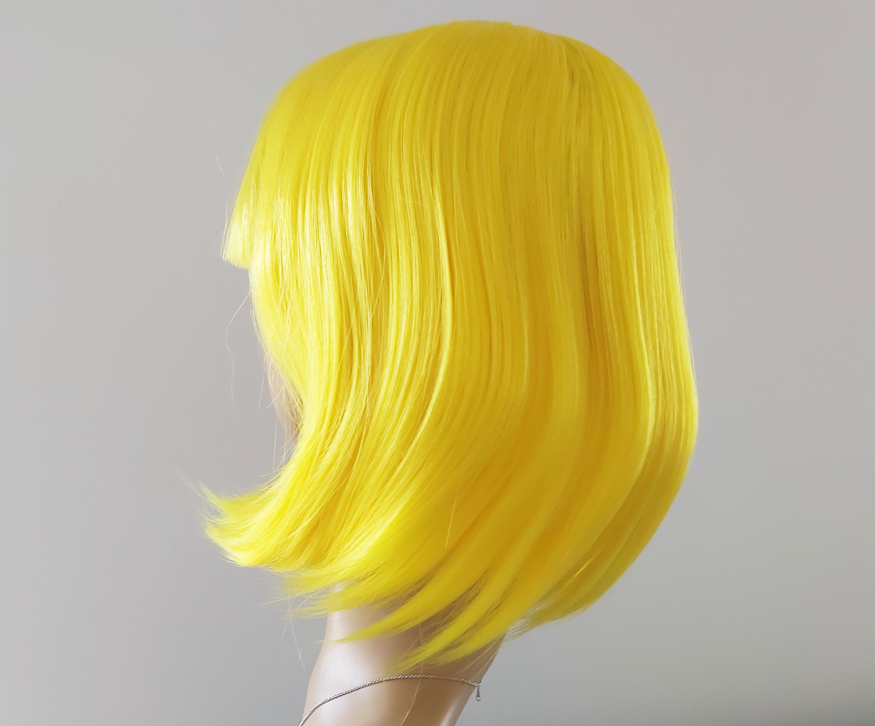 Vibrant Yellow Bob Wig With Bangs: Heat-resistant Synthetic 