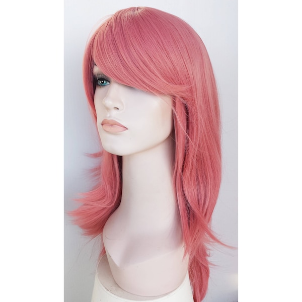 Dusty pink long wavy wig for women. Holiday party salmon pink long wig. High quality synthetic hair. Ready to ship. Free shipping in USA.