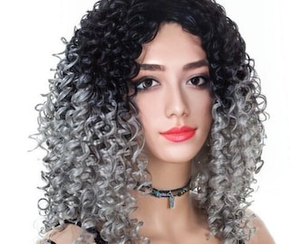 Black and dark silver gray curly afro shoulder length wig for women. High quality synthetic hair. Afro hair. Free shipping US. Ready to ship