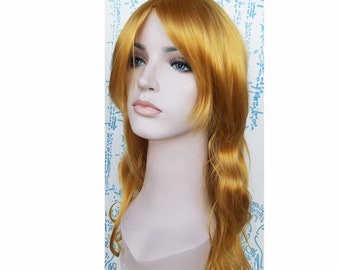 Light golden curly long wig for women. Heat resistant synthetic fiber.  Daily wearing curly long hair. Ready to ship. Free shipping in USA.