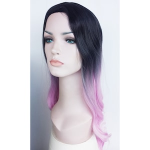 Ombre black and pink long wavy wig. High quality multi-colored synthetic hair. Party costume wig for women. Free US shipping. ready to ship.